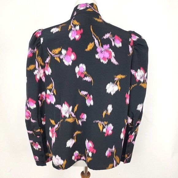 Who What Wear Black Floral High Cuff Tie Neck Button Front Blouse Womens L - Picture 5 of 7